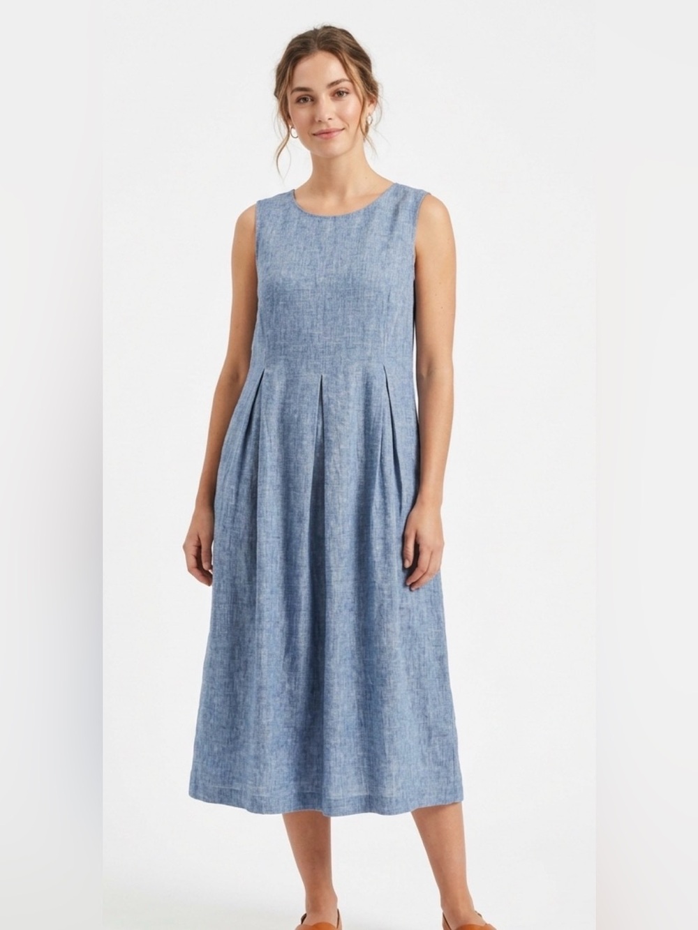 Sara Campbell Linen Sleeveless Pleated Midi Dress - Light Blue - 6